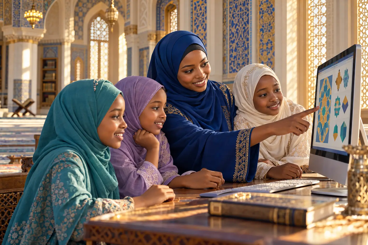 A teacher guiding smiling girl students during a lesson